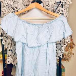 Sanctuary Blue‎ Off The Shoulder Ruffle Top Chambray Blouse XS